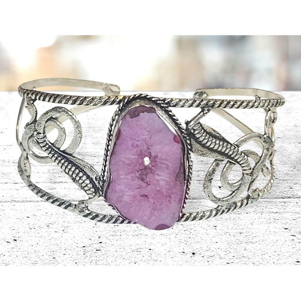 925 Silver Plated Purple Agate Swirl Bangle Cuff Bracelet Gemstone Handmade